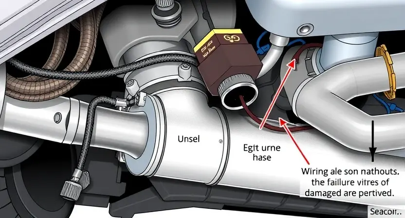 A detailed illustration of an automotive exhaust system with a focus on the lambda sensor circuit. Show the sensor, wiring, and potential points of failure. Include visual cues representing common issues like corrosion or damaged wiring.