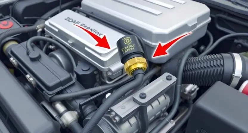 A detailed illustration of a car's engine bay, specifically highlighting the mass airflow sensor (MAF sensor). The MAF sensor should be clearly visible, with arrows indicating the direction of airflow. Include wiring and hoses connected to the sensor. The background should be slightly blurred to emphasize the sensor.