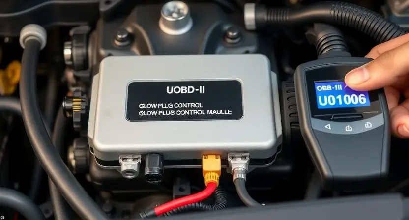 A close-up of a car's engine compartment showing the glow plug control module with visible wiring and connectors, a diagnostic scanner plugged into the OBD-II port displaying error code U0106, a mechanic's hand pointing at the module, soft workshop lighting, realistic automotive detail, no text or labels on any components