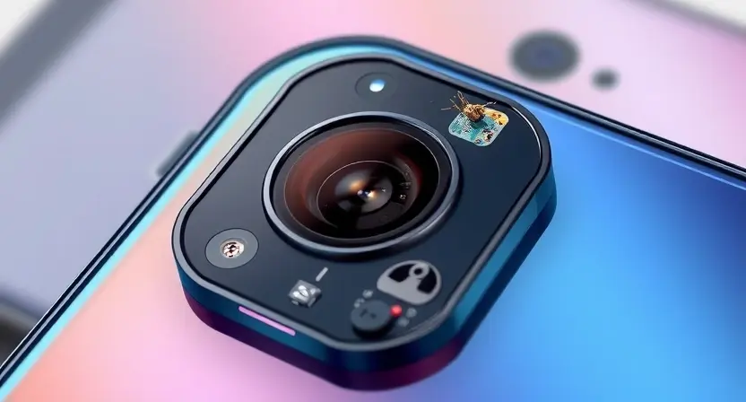 A close-up, detailed illustration of a smartphone's front camera module, highlighting the lens and surrounding components. The camera should be slightly damaged, with a visible crack or discoloration, indicating a malfunction. The background should be blurred, suggesting a modern smartphone design.