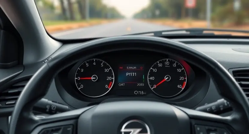 A detailed illustration of an Opel car with a technical error code P1171 highlighted on the dashboard. The car should be parked on a road. Focus on the dashboard and the error code display.