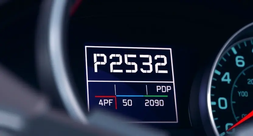 A close-up, detailed illustration of an automotive dashboard display showing a P2532 error code. The display should be clear and easy to read, with the error code prominently featured. The background should be slightly blurred to focus attention on the dashboard.