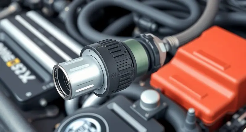 A close-up, detailed illustration of a car's manifold absolute pressure (MAP) sensor. The sensor should be clearly visible, with its electrical connector and wiring. In the background, subtly depict engine components like intake manifold and hoses, suggesting the sensor's location within the engine bay. Focus on the sensor's physical characteristics – its shape, size, and any identifying markings. The overall lighting should be bright and clean, highlighting the sensor's details. The image shoul