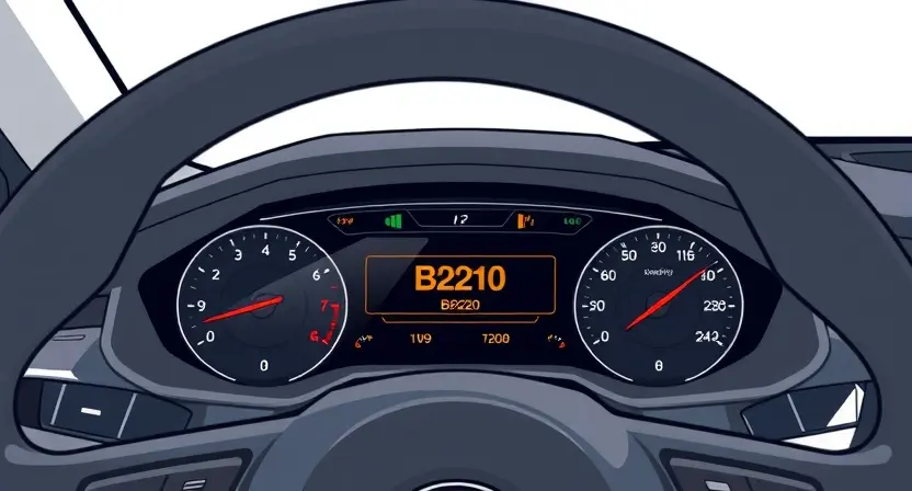 A detailed illustration of a modern car's dashboard with the error code B2210 displayed on the instrument cluster. The dashboard should show various warning lights and indicators, with a focus on the specific error code. The car's interior should be clean and modern, with a sleek design.