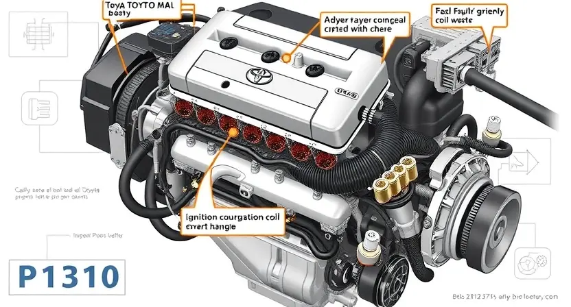 A high-quality technical illustration showing a Toyota engine with a highlighted ignition coil pack and wiring harness, emphasizing the P1310 ignition coil circuit fault, with clear labels indicating electrical connections and spark plug wires, set against a clean white background with subtle technical diagrams and circuit symbols