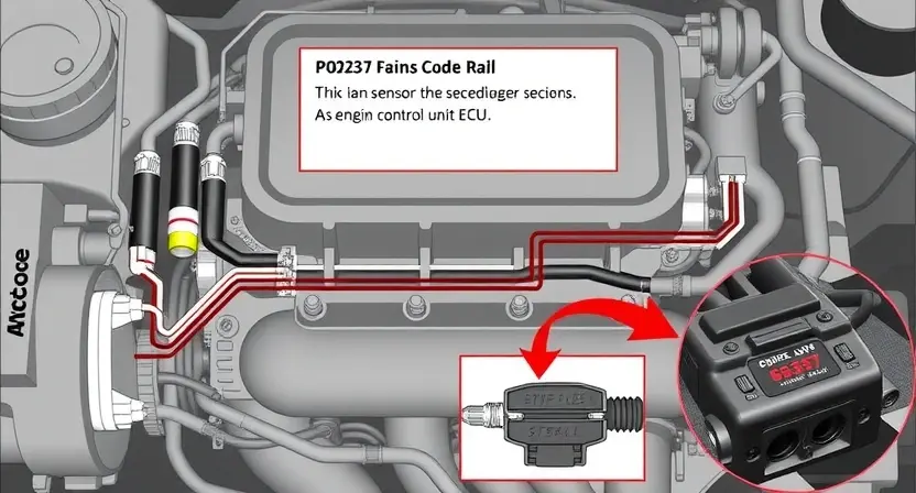 A detailed schematic diagram of an automotive engine's fuel rail and related sensors, highlighting the P0237 error code. Include visual representations of the sensor and its connection to the engine control unit (ECU).