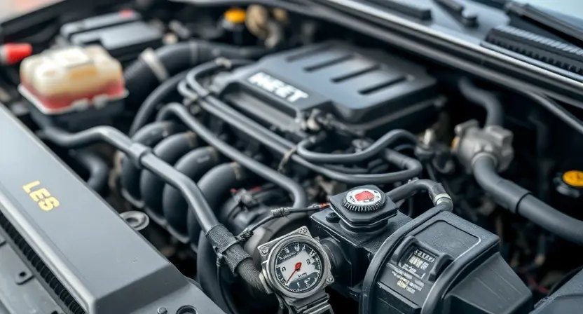 A close-up shot of a car engine bay with a digital overlay showing a temperature gauge reading low. Focus on the engine components, hoses, and sensors. The background should be slightly blurred to emphasize the engine. The overall lighting should be bright and clean, highlighting the mechanical details. The image should convey a sense of technical inspection and diagnostics.
