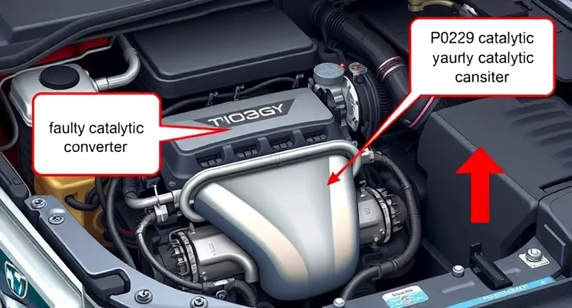 A detailed illustration depicting a car engine bay with a focus on the catalytic converter and associated components. The image should show a close-up view, highlighting potential issues related to the P0229 error code. Include visual cues suggesting a faulty catalytic converter, such as discoloration or damage. The background should be slightly blurred to emphasize the engine components.
