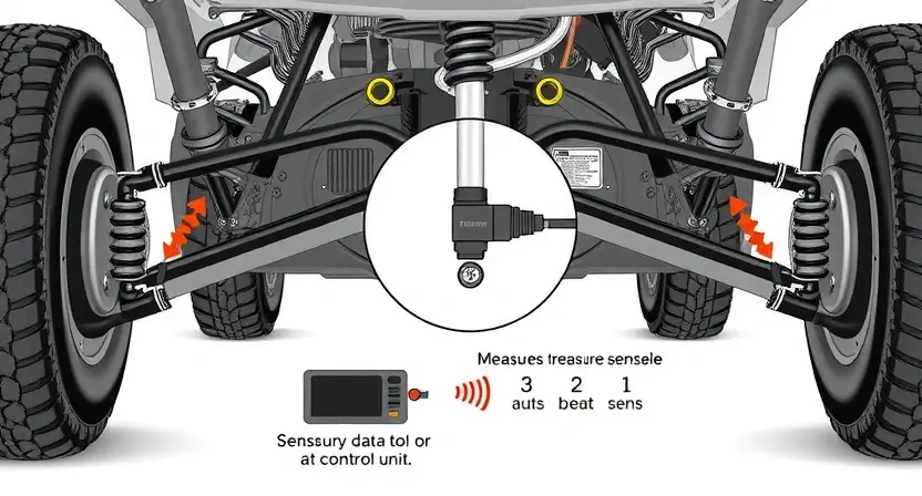 A detailed illustration of an air suspension system with a clear focus on the pressure sensor. The sensor should be highlighted, showing its connection to the air lines and the vehicle's chassis. Include a simplified diagram illustrating how the sensor measures pressure and sends data to the control unit. The background should depict a generic vehicle suspension setup.