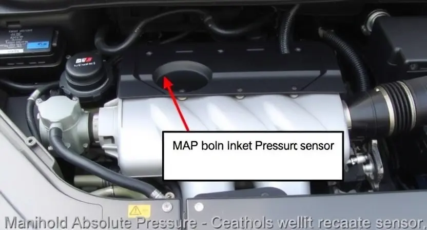 A close-up of a car engine bay, focusing on the intake manifold and associated sensors. Highlight the area where the MAP sensor (Manifold Absolute Pressure sensor) would be located. The engine should appear clean and well-maintained.