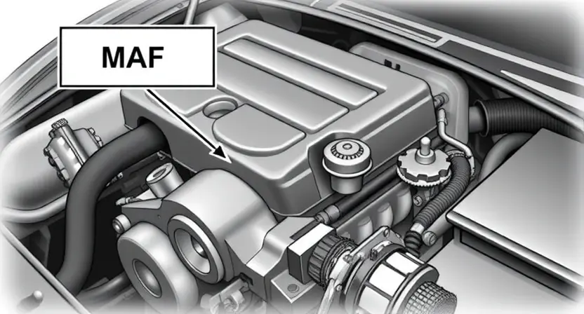 A detailed illustration of a car engine with a focus on the mass airflow sensor (MAF sensor). The MAF sensor should be clearly visible, with arrows pointing to its location within the engine bay. Include surrounding engine components like intake manifold and air filter housing. The overall image should convey a sense of technical precision and clarity, suitable for a repair manual.