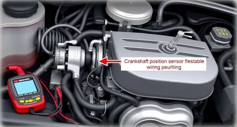 A detailed illustration of a car engine bay, focusing on the crankshaft position sensor and its wiring. The sensor should be clearly visible, along with the associated wiring harness and connectors. Include diagnostic tools like a multimeter or scan tool near the sensor. The background should be slightly blurred to emphasize the engine components.
