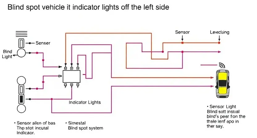 A detailed schematic diagram of a vehicle's blind spot monitoring system, highlighting the circuit for the indicator lights on the left side. Include visual representations of sensors, wiring, and the indicator light itself. Focus on clarity and technical accuracy.