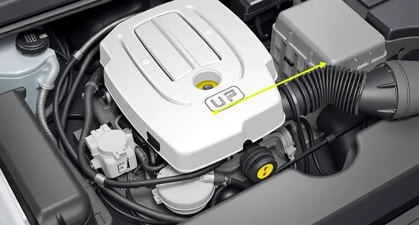 A detailed illustration of a car engine with a highlighted sensor or component related to the P0112 error code (coolant temperature sensor circuit malfunction). The engine should be clean and well-lit, showcasing its internal parts. Include subtle visual cues representing temperature regulation, such as faint heat waves or coolant lines. Focus on the relevant part of the engine that relates to the error.