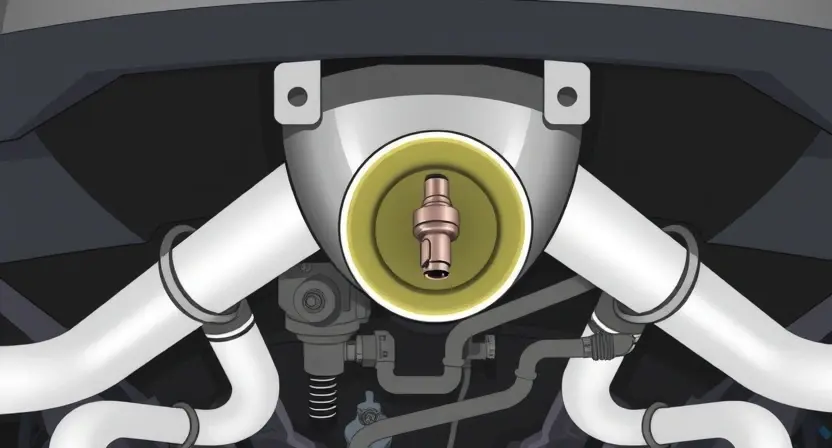 A detailed illustration of a car's exhaust system, highlighting the oxygen sensor. Show the sensor's location within the exhaust pipe, and depict the surrounding engine components in a simplified, technical style. Focus on the sensor's physical appearance and its connection to the exhaust flow.