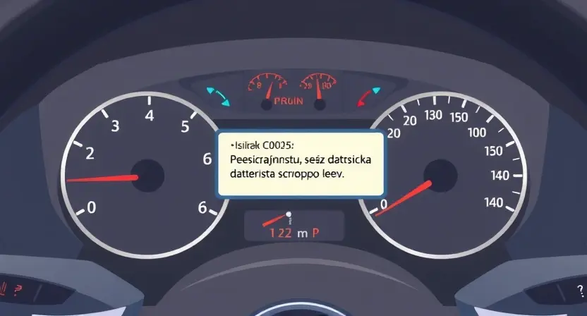 A detailed illustration of a car's dashboard with a diagnostic error message displayed. The message should clearly show 'Ошибка C0035: Неисправность цепи датчика скорости переднего лево'. The dashboard should include gauges, buttons, and warning lights, with the error message highlighted in a prominent way. The car should be a modern sedan.