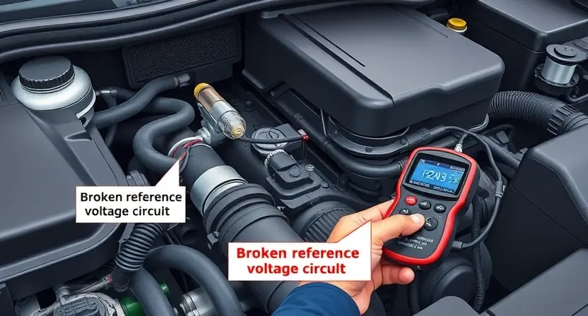 A detailed illustration of a car engine compartment focusing on the oxygen sensor and its wiring, showing the sensor plugged into the exhaust manifold with a visible broken or disconnected reference voltage circuit, and a mechanic using a diagnostic scanner to read error code P2243, all rendered in a realistic, high‑quality style
