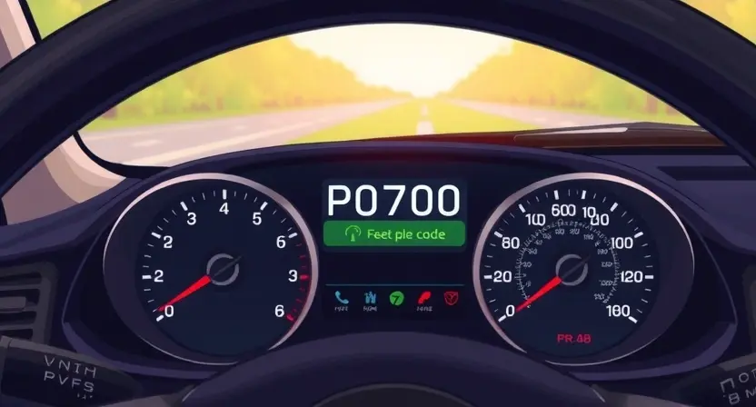 A detailed illustration of a car's dashboard with a P0700 error code displayed on the instrument cluster. The dashboard should be realistically rendered, showing various gauges and indicators. Focus on the error code being clearly visible and easily understandable.