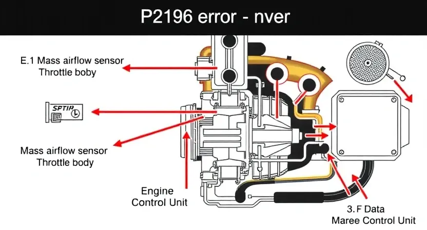 A detailed diagram illustrating the P2196 error in a vehicle's engine system. The diagram should clearly show the relevant components (e.g., mass airflow sensor, throttle body, engine control unit) and the flow of data between them. Use arrows to indicate the data pathways. The image should emphasize the connection between the mass airflow sensor and the engine control unit as the primary focus of the error. The overall aesthetic should be clean and informative, suitable for a technical manual.