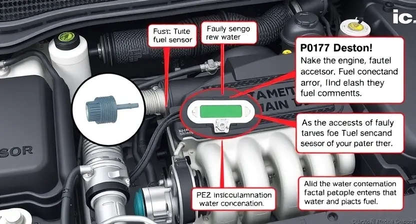 A detailed illustration of an automotive engine bay, focusing on the fuel system. Include a close-up of the fuel sensor, highlighting its components and connections. Show potential causes of the P0177 error, such as a faulty sensor, wiring issues, and water contamination. The engine should be partially disassembled to reveal the sensor and related components.