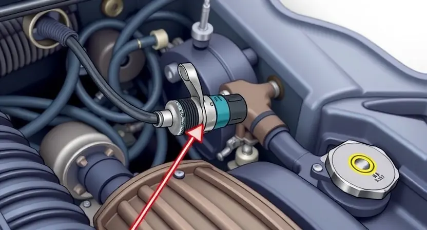 A detailed illustration of an automotive engine bay, focusing on the oxygen sensor and related components. The sensor should be clearly visible, with wiring and connections highlighted. Include visual cues indicating a potential issue, such as a slightly discolored sensor or a loose connection. The background should be slightly blurred to emphasize the sensor.