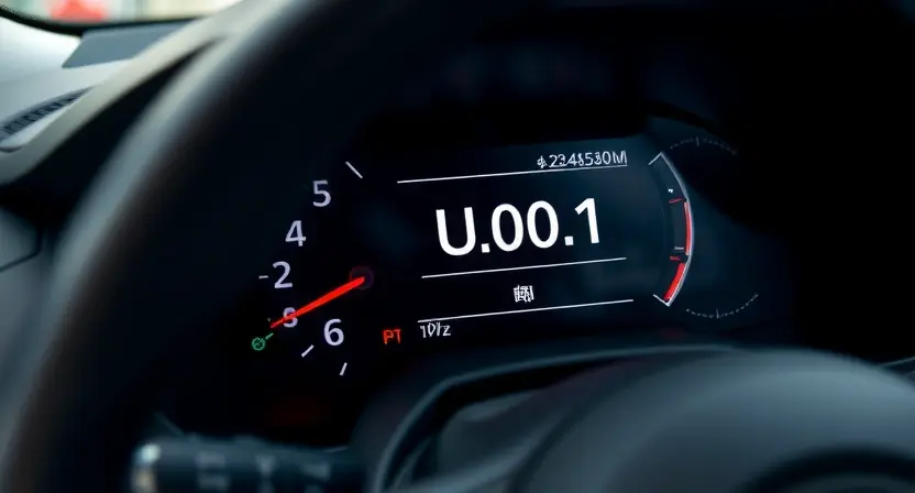 A close-up, detailed image of a car's dashboard displaying a diagnostic error code. The focus should be on the error code 'U0001' prominently shown on the screen. The background should be slightly blurred to emphasize the dashboard. The car interior should be modern and clean.