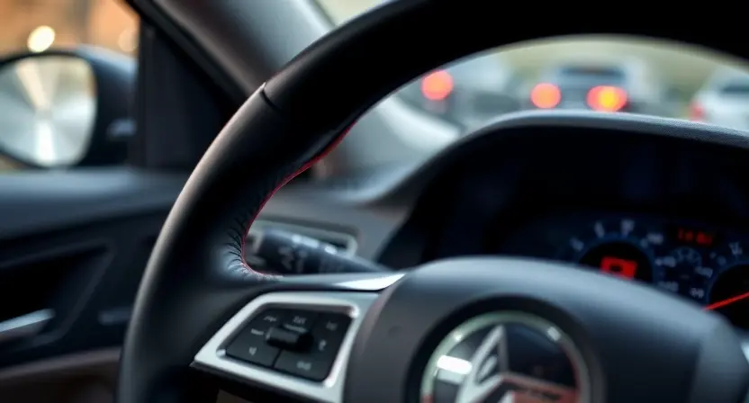 A close-up of a car's dashboard with a highlighted steering wheel warning light. The background should be slightly blurred to focus on the dashboard. The car interior should be clean and modern.
