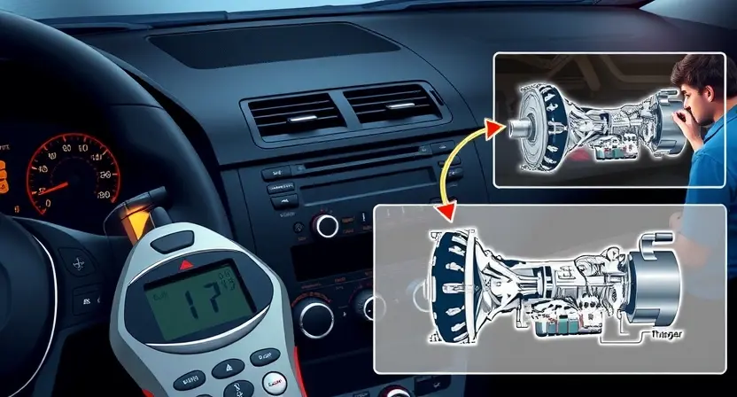 A detailed illustration of a car's interior dashboard showing a diagnostic scan tool connected to the transmission control unit, with a subtle glowing error indicator, a mechanic inspecting the wiring harness, and a schematic overlay of the transmission system