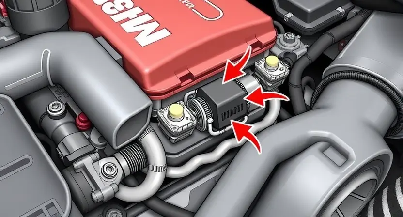 A detailed illustration of a car engine with a focus on the mass airflow sensor (MAF sensor). The sensor should be clearly visible, with arrows pointing to the airflow path. Include surrounding engine components like intake manifold and air filter housing. The overall image should convey technical accuracy and clarity, suitable for a repair manual.