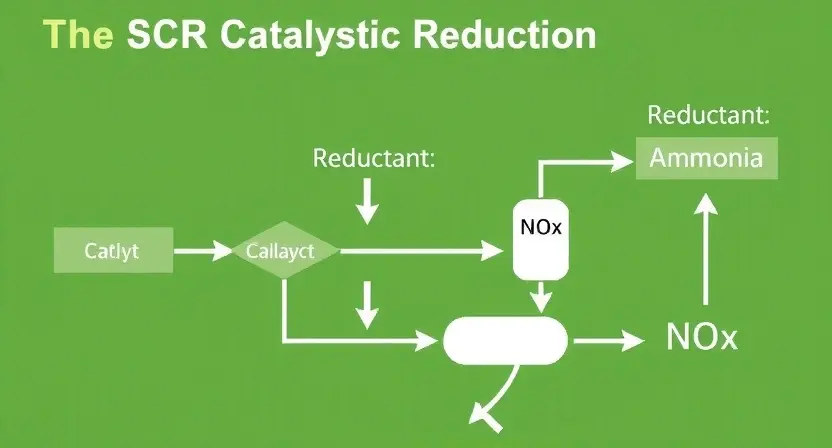 A detailed diagram illustrating the SCR (Selective Catalytic Reduction) system. The diagram should show the components: NOx emissions from a vehicle, the catalyst, the reductant (typically ammonia), and the resulting reduced NOx. Arrows should indicate the flow of gases and chemical reactions. The diagram should be scientifically accurate and visually clear, with labels for each component.