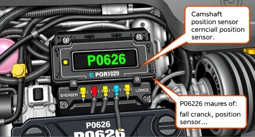 A detailed illustration of an engine control unit (ECU) with various sensors and wiring, highlighting the P0626 error code. The image should depict the diagnostic process and potential causes of the code, such as a faulty camshaft position sensor or a failing crankshaft position sensor. Focus on technical accuracy and clarity.