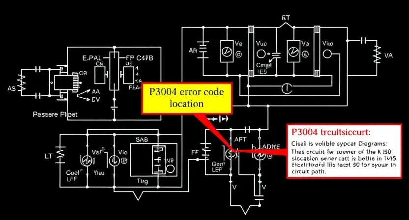 A detailed schematic diagram of a high-voltage power circuit, highlighting the P3004 error code location. The diagram should show components like capacitors, transformers, and relays, with clear labeling. Focus on the circuit path where the error might occur.