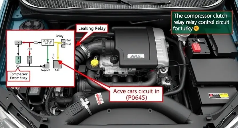 A detailed illustration of a car engine bay, focusing on the compressor clutch relay control circuit. Include wiring diagrams, components like the relay, sensor, and wiring harness, and a visual representation of the P0645 error code. The image should be scientifically accurate and clearly depict the circuit's function.