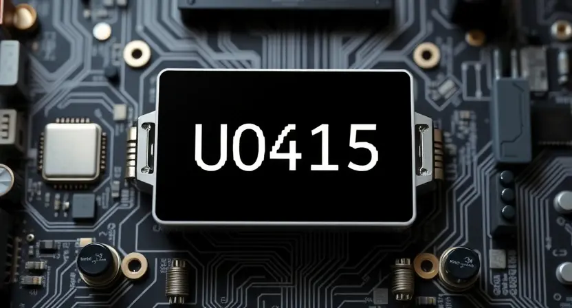 A high-quality technical illustration showing a computer motherboard with a highlighted error code U0415 displayed on a diagnostic screen, surrounded by subtle circuit traces and electronic components, clean and professional visual style