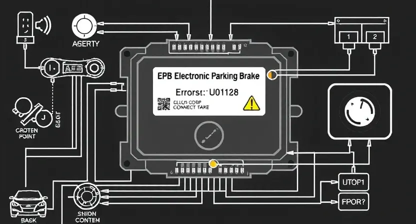 A high-quality technical illustration showing an automotive electronic control module labeled EPB (Electronic Parking Brake) with a warning indicator for error code U0128, surrounded by schematic elements like circuit traces, diagnostic tools, and connection points, all rendered in a clean, professional style with precise details and no text or numbers on the image