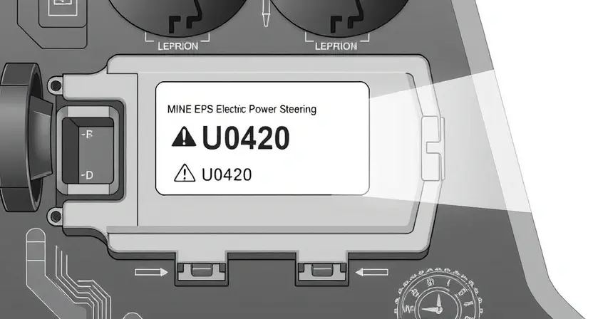 A technical illustration showing an automotive electronic control unit with highlighted EPS (Electric Power Steering) module, displaying error code U0420, with circuit diagrams and warning symbols, clean technical drawing style