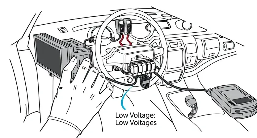 A detailed technical illustration of a car's steering control module showing low voltage issues, with highlighted wiring, connectors, and diagnostic tools, clean technical drawing style