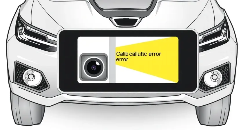 A high-quality technical illustration showing a vehicle's front camera with a calibration error indicator, clean lines, precise details, no text or numbers on the image, professional automotive diagnostic style