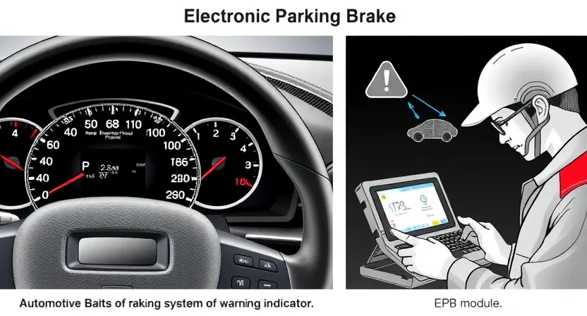 A high-quality technical illustration showing an automotive electronic parking brake (EPB) system with a warning indicator U0128, depicting a vehicle dashboard with warning lights, a schematic of the EPB module, and a technician using diagnostic equipment, clean lines, technical accuracy, no text or numbers on image