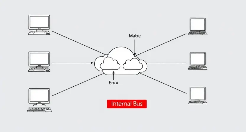 A detailed schematic diagram illustrating a network topology with a focus on a central hub and interconnected devices. Highlight the internal bus connection with visual cues indicating a disruption or error state. Use clear, technical illustrations of network components like computers, servers, and network cards. The overall aesthetic should be clean and professional, resembling a technical manual diagram.