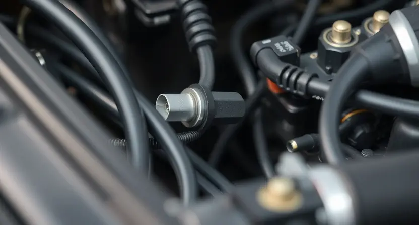 A close-up, detailed image of a car's engine bay, focusing on the HVAC (Heating, Ventilation, and Air Conditioning) temperature sensor and related components. The sensor should be clearly visible, along with wiring and hoses connected to it. The overall scene should convey a sense of automotive repair and diagnostics.