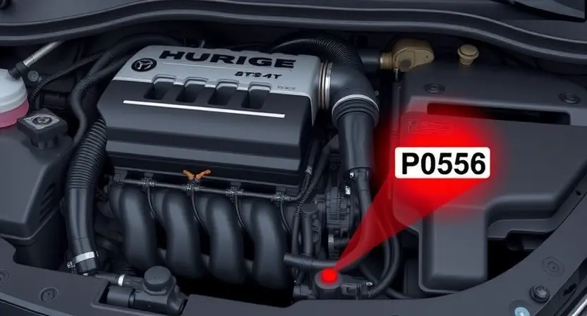 A detailed illustration of a car's engine bay, highlighting the P0556 error code indicator light. The engine should be partially visible, showing various components like hoses, wires, and sensors. The P0556 light should be clearly illuminated, with a red glow. Focus on technical accuracy and clarity.