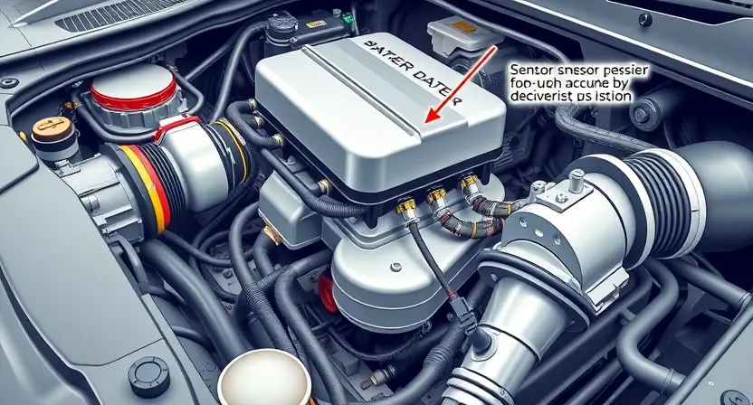 A detailed, high-quality illustration of a car engine bay, focusing on the sensor circuit for the turbocharger actuator position. The image should clearly show the sensor, wiring, and any relevant components. The lighting should be realistic, highlighting the details of the engine components.