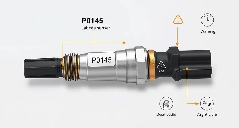 A high-quality technical illustration showing an automotive oxygen sensor (lambda sensor) with a clear circuit diagram highlighting the P0145 error code area, surrounded by subtle warning symbols and diagnostic icons, clean background, professional lighting, no text or numbers on the image