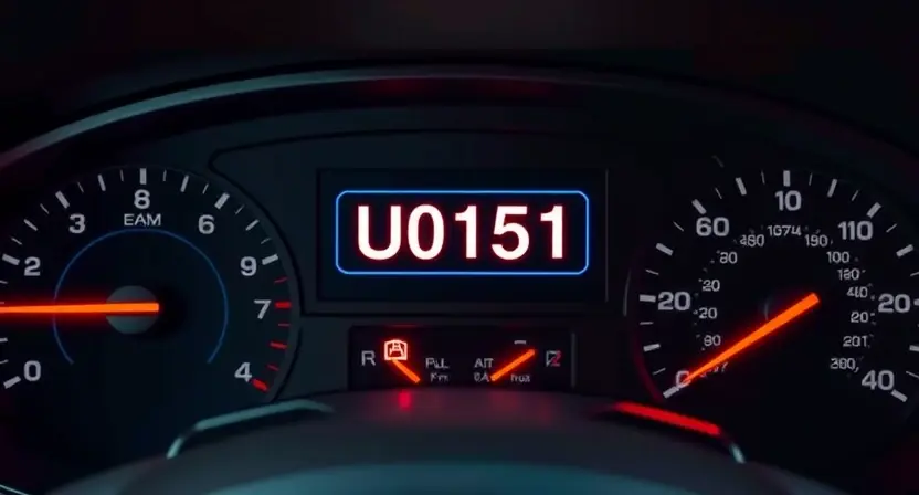 A car dashboard with a warning light illuminated, displaying the error code U0151 on the instrument cluster, surrounded by subtle digital readouts and gauges, realistic automotive interior lighting, high detail, no text or letters visible except the error code itself