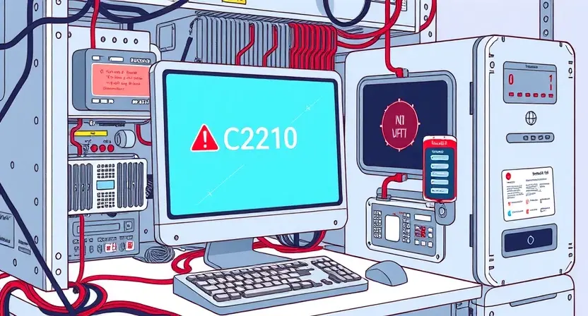 A complex technical illustration depicting a computer system encountering an error (C2210). The illustration should visually represent the error message and the system's internal workings, highlighting the problem area. Include visual cues indicating a system overload or a critical failure.
