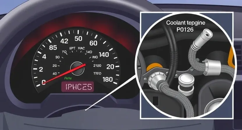 A detailed illustration of a car engine dashboard with the check engine light illuminated, indicating a P0126 error code. The image should show the dashboard clearly, with the engine light highlighted. Additionally, include a close-up of the engine compartment with a focus on the coolant temperature sensor and related components.