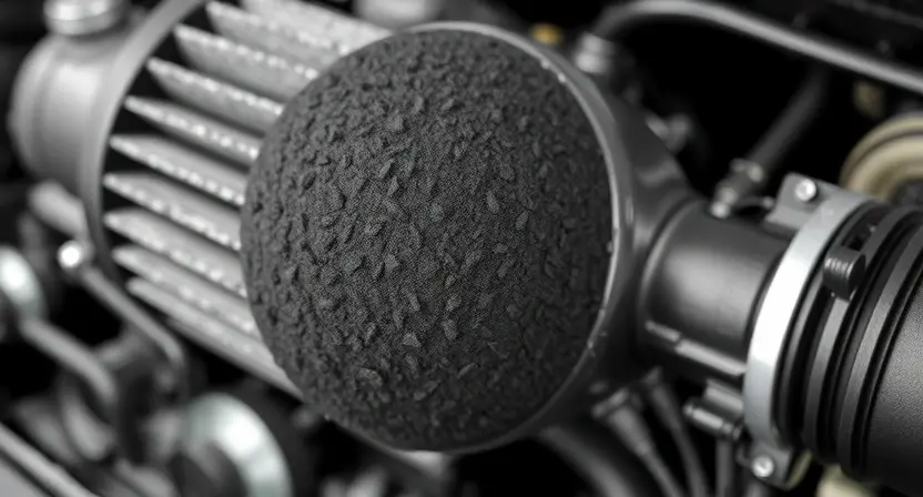 A close-up, detailed illustration of a diesel particulate filter (DPF) clogged with black soot. The DPF should be realistically rendered, showing the layers of filter material and the accumulation of carbon deposits. Focus on the texture and density of the soot. The background should be a blurred automotive engine compartment.