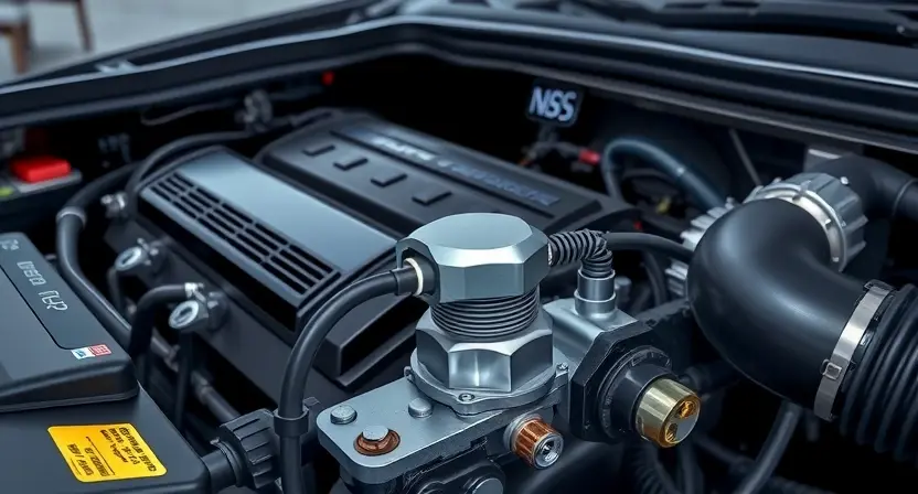 A close-up, detailed illustration of an engine bay with a focus on the engine's components, specifically highlighting the position sensor and related wiring. The image should depict a clean, well-maintained engine. Include subtle visual cues indicating a low signal condition, such as a slightly dimmed or flickering indicator light on the dashboard in the background, but avoid showing any error messages or diagnostic displays. The overall lighting should be bright and professional, suitable for a