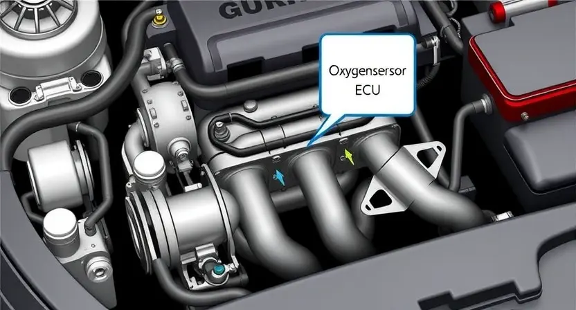 A detailed diagram illustrating a car engine with a focus on the oxygen sensor and its connection to the engine control unit (ECU). Highlight the exhaust manifold, catalytic converter, and air intake system. Use arrows to indicate the flow of exhaust gases and air. The image should clearly depict the sensor's position and its role in monitoring exhaust gas oxygen levels.